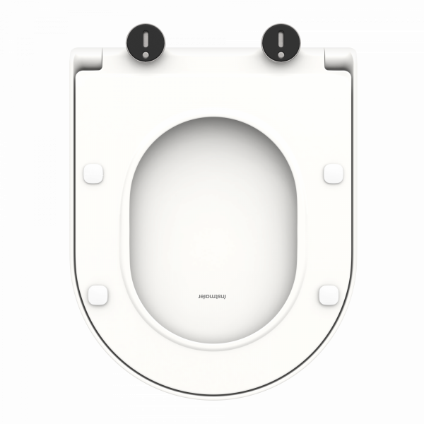 Weißer WC-Sitz von oben mit ovaler Öffnung und schwarzen Befestigungselementen.