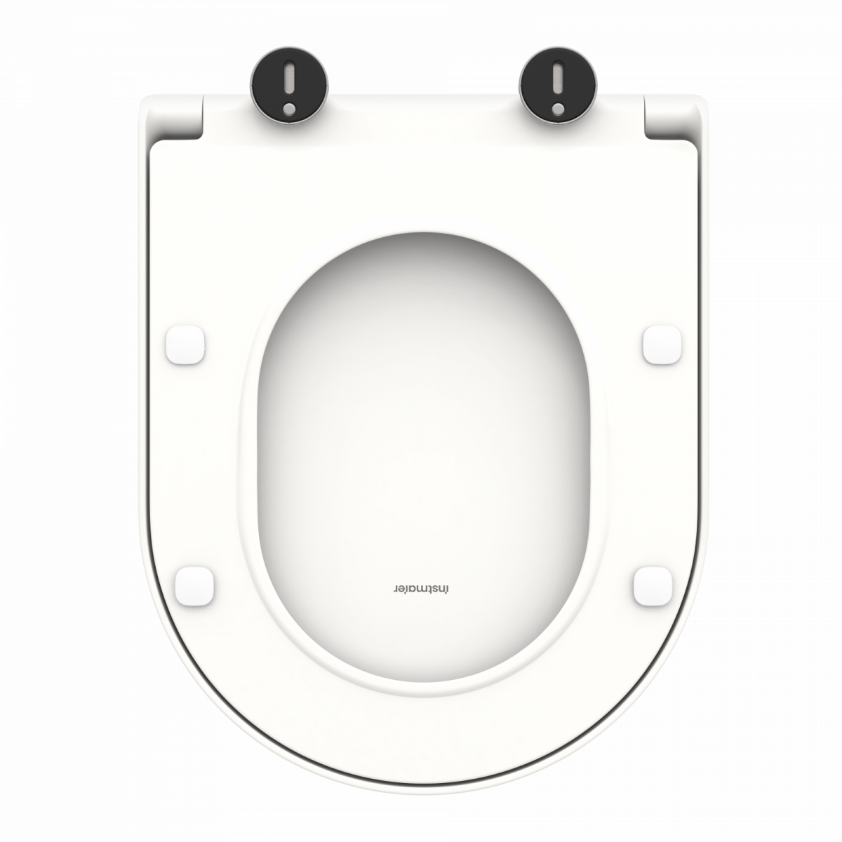 Weißer WC-Sitz von oben mit ovaler Öffnung und schwarzen Befestigungselementen.