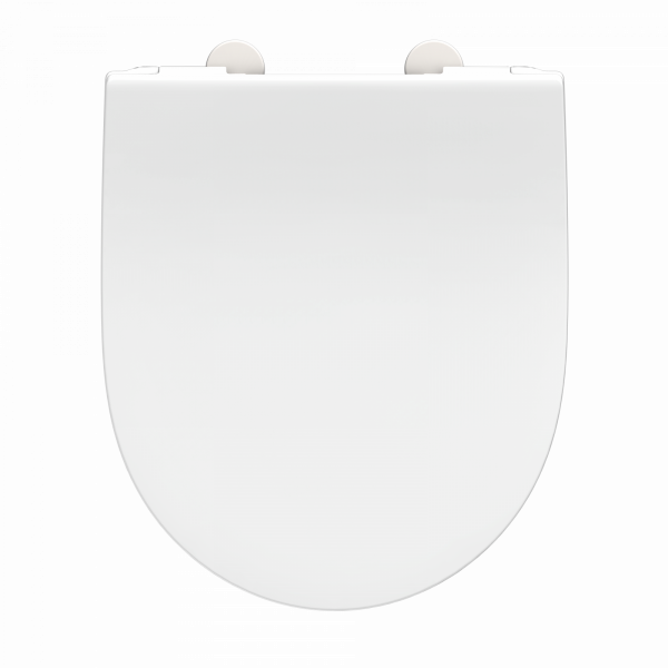 Weißer WC-Sitz mit abgerundetem Deckel in geschlossener Ansicht.