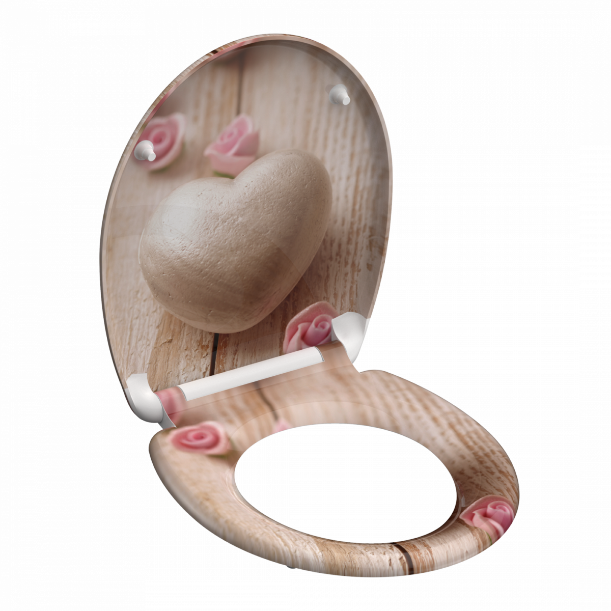 Toilettensitz mit Holzmuster und Motiv aus Herzstein und rosa Rosen.