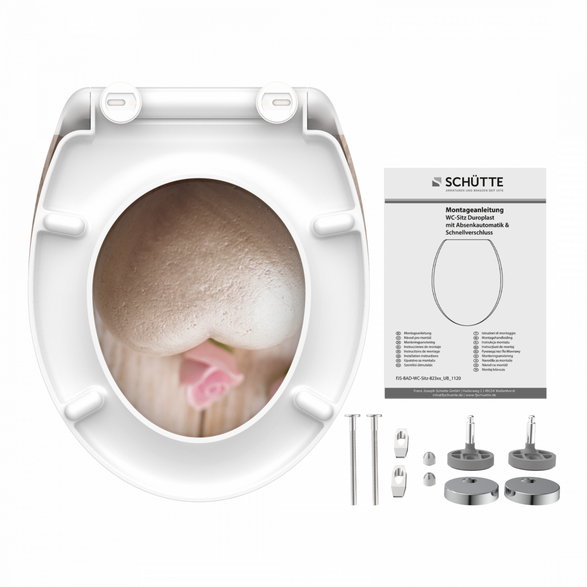 Weißer WC-Sitz mit Motiv aus Steinherz und rosa Blume, inklusive Befestigungsteilen und Anleitung.