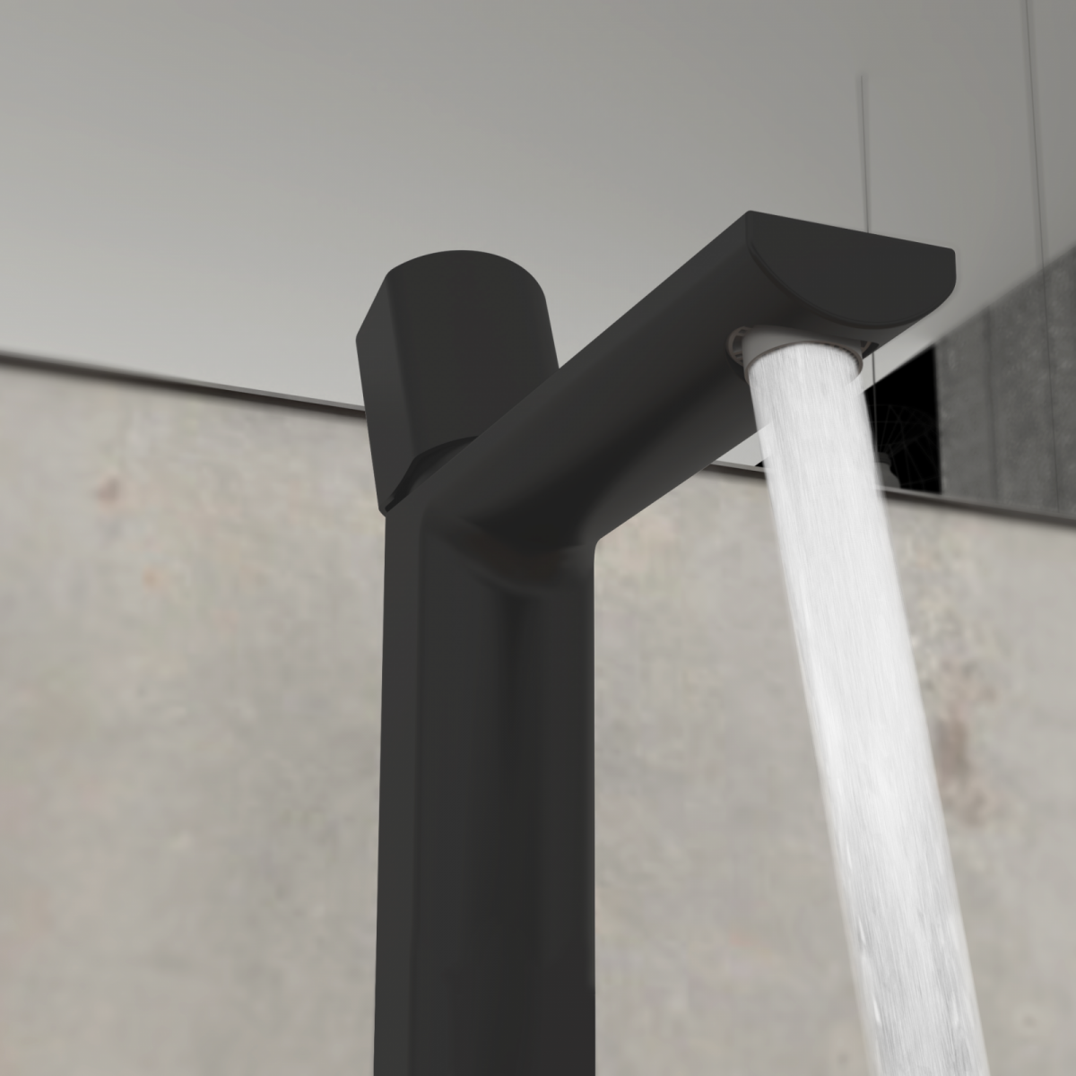 Schwarze Waschtischarmatur mit gerader Form, aus der Wasser nach unten fließt.
