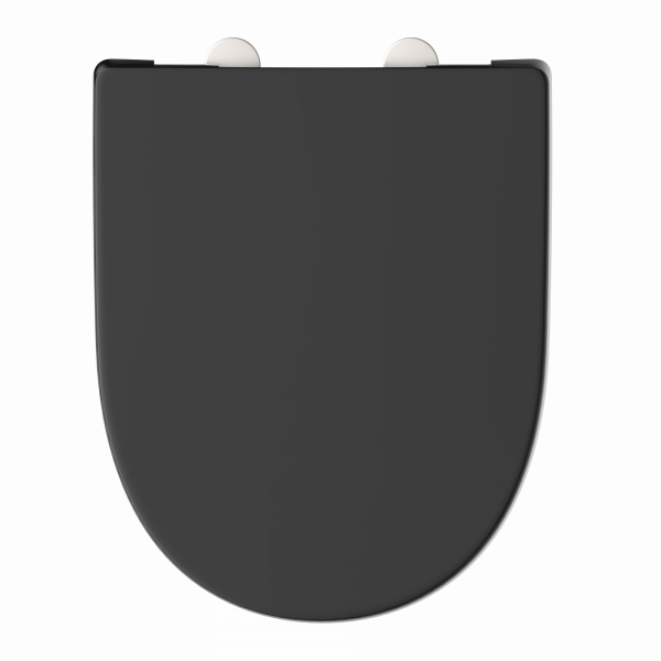 Schwarzer WC-Sitz mit D-Form und silbernen Scharnieren oben.