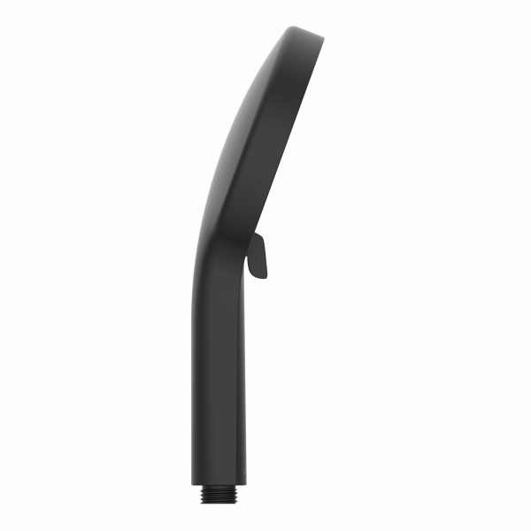 Schwarze Handbrause in seitlicher Ansicht mit gerundetem Griff und Gewindeanschluss.