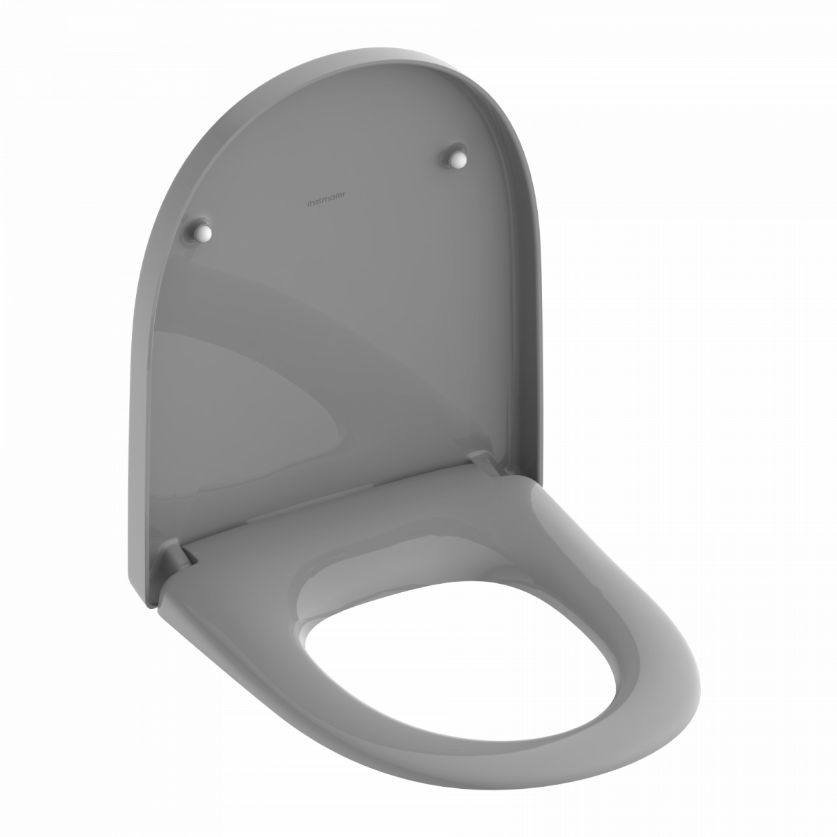 Grauer WC-Sitz mit hochgeklapptem Deckel und ovaler Sitzöffnung.