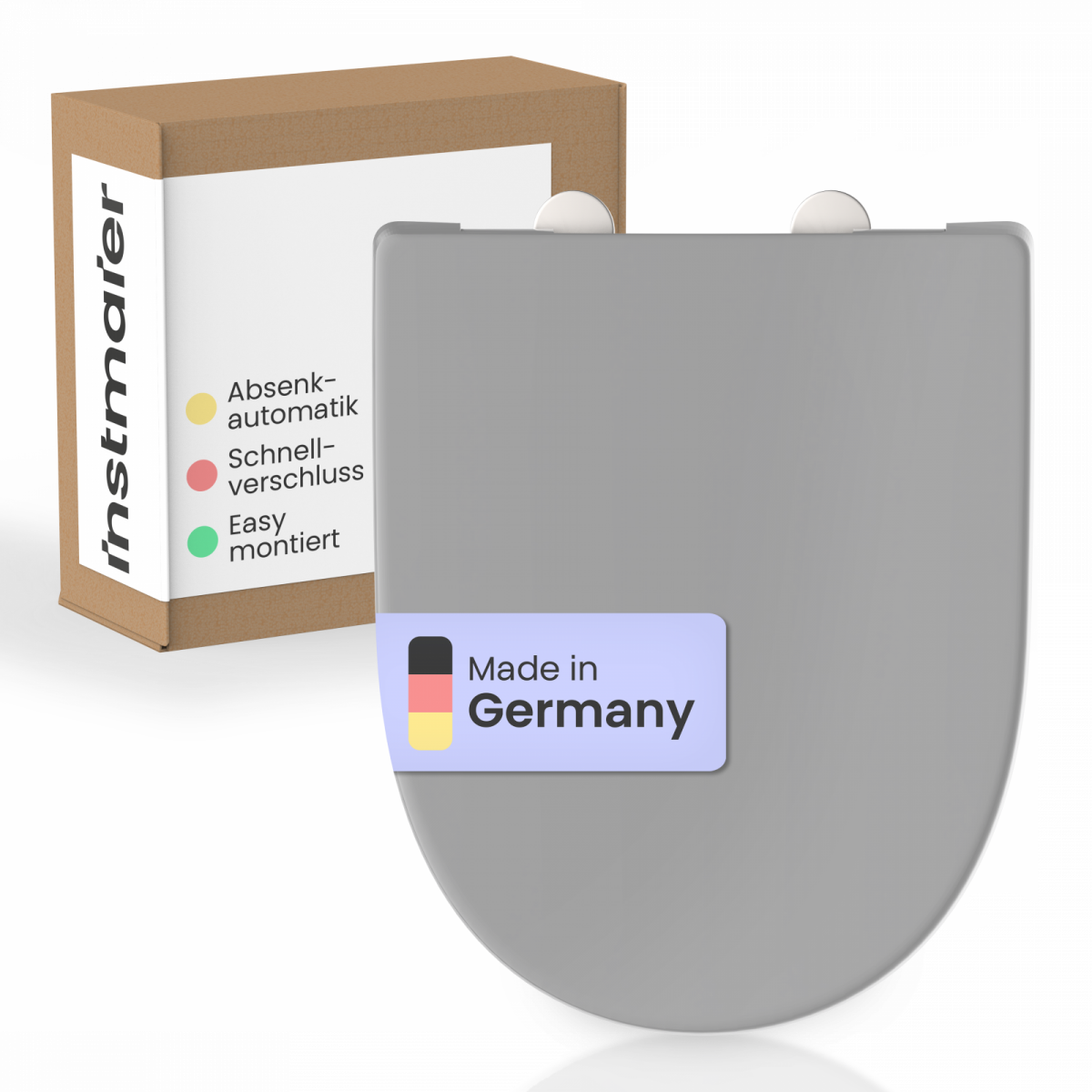 Grauer WC-Sitz mit Etikett „Made in Germany“ vor brauner Verpackung mit Text.