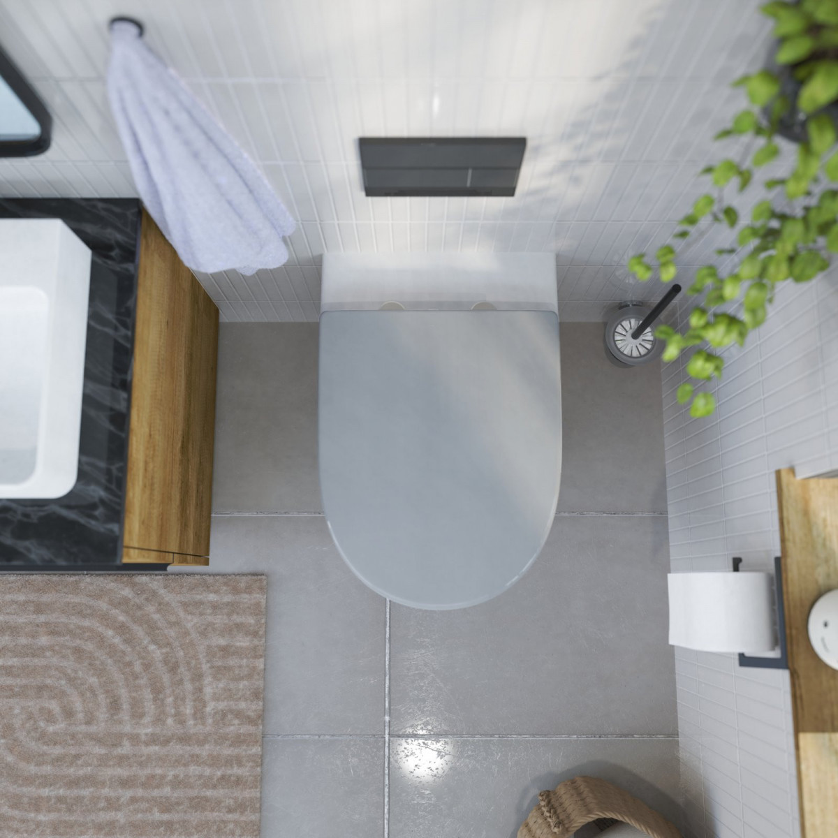 Wandhängendes WC mit grauem WC-Sitz in D-Form in modernem Badezimmer