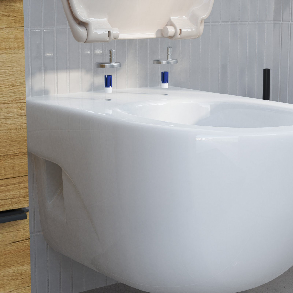 Nahaufnahme eines weißen WC-Sitzes welches an Wand-Bidet montiert wird