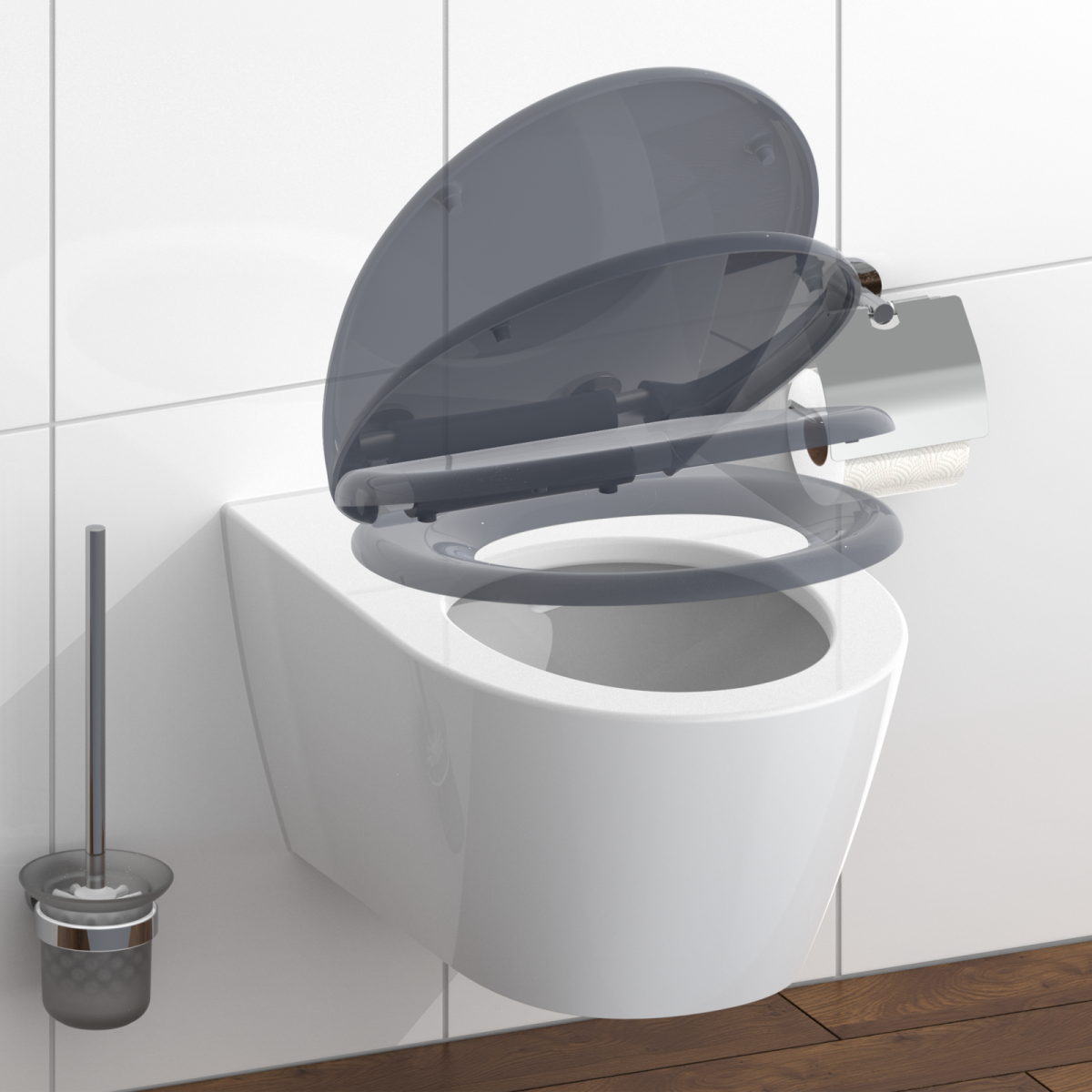 Wandhängende Toilette mit hochgeklapptem Deckel und Toilettenbürste an der Wand.