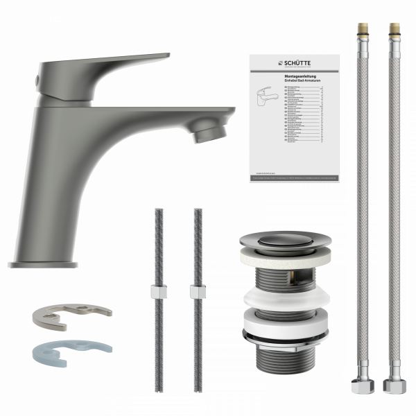 Einhebel-Waschtischarmatur in Grau mit Zubehör, Montagematerial und Anleitung.