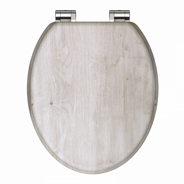 Ovaler WC-Sitz mit grauer Holzoptik und silberfarbenen Metallscharnieren.