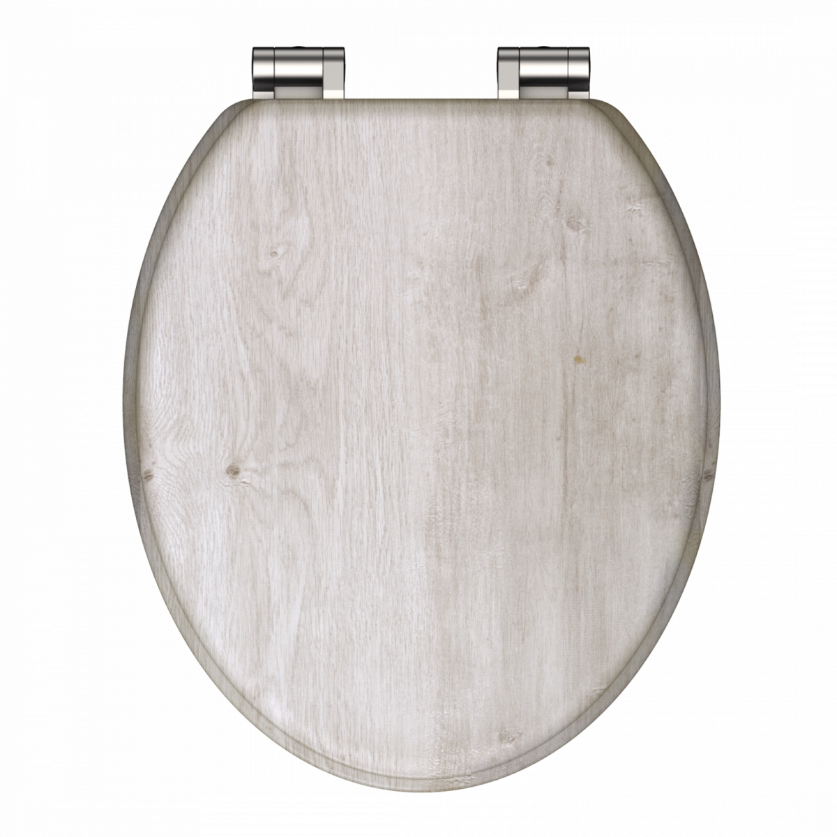 Ovaler WC-Sitz mit grauer Holzoptik und silberfarbenen Metallscharnieren.