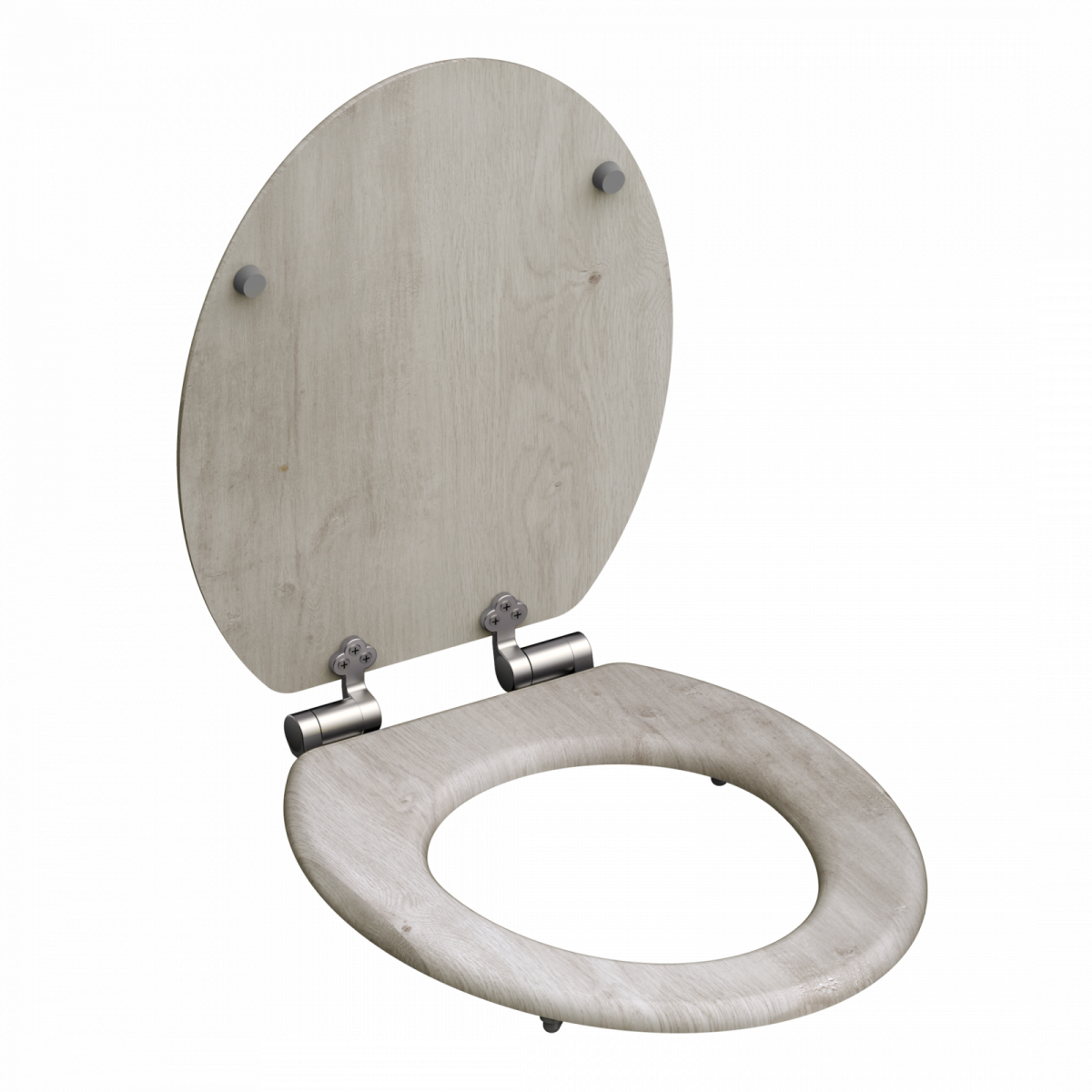 Toilettensitz in Holzoptik mit geöffnetem Deckel und silberfarbenen Metallscharnieren
