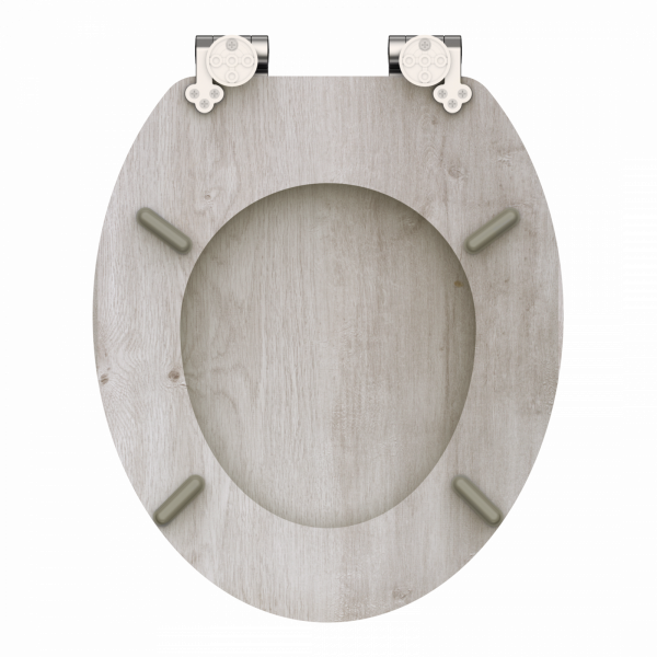 Ovaler WC-Sitz in grauer Holzoptik mit silberfarbenen Metallscharnieren.