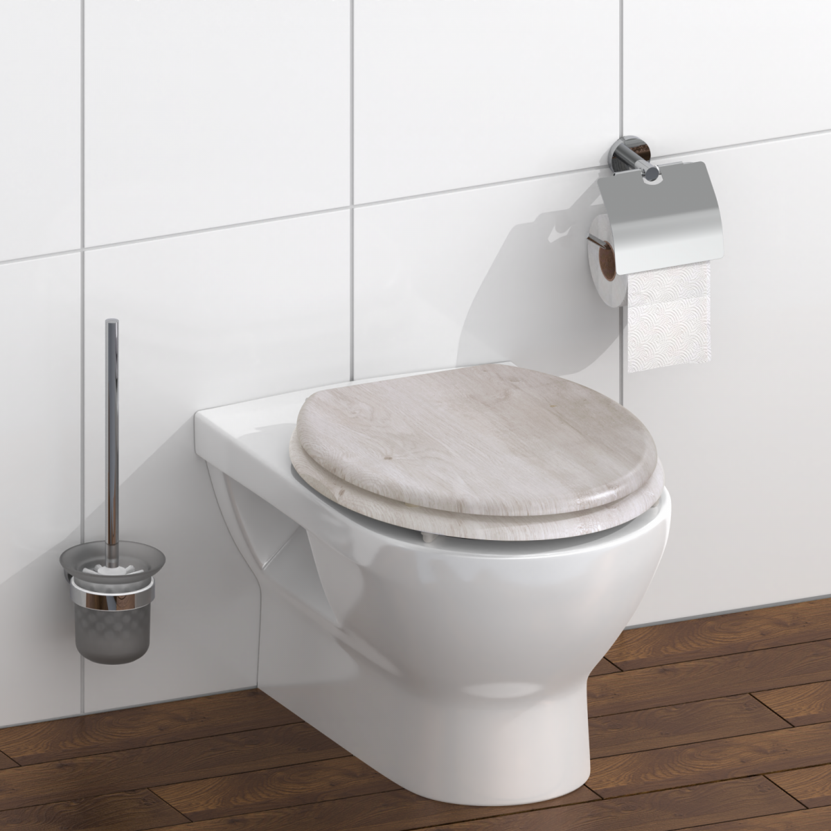 Wandhängendes WC mit Toilettendeckel in Holzoptik, Bürstengarnitur und Toilettenpapierhalter.