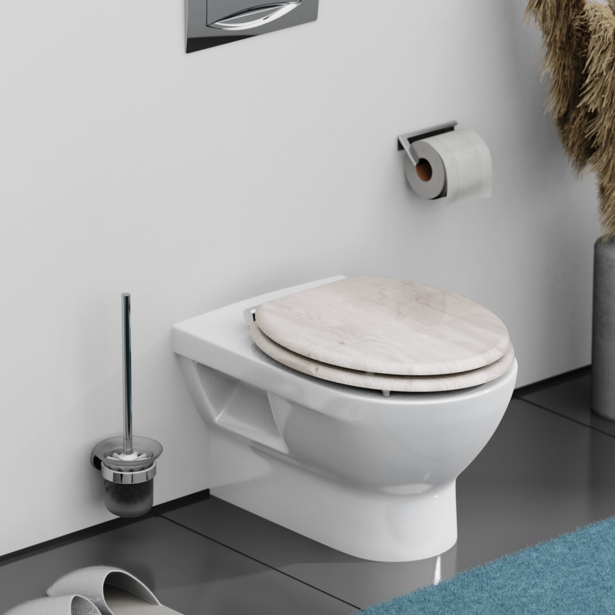Wandhängendes WC mit geschlossenem Sitz aus hellem Holzdekor, Bürste und Papierhalter.