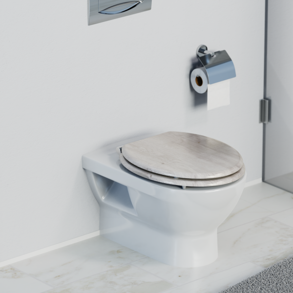 Weiße Wandtoilette mit geschlossenem Holzsitz und silbernem Toilettenpapierhalter.