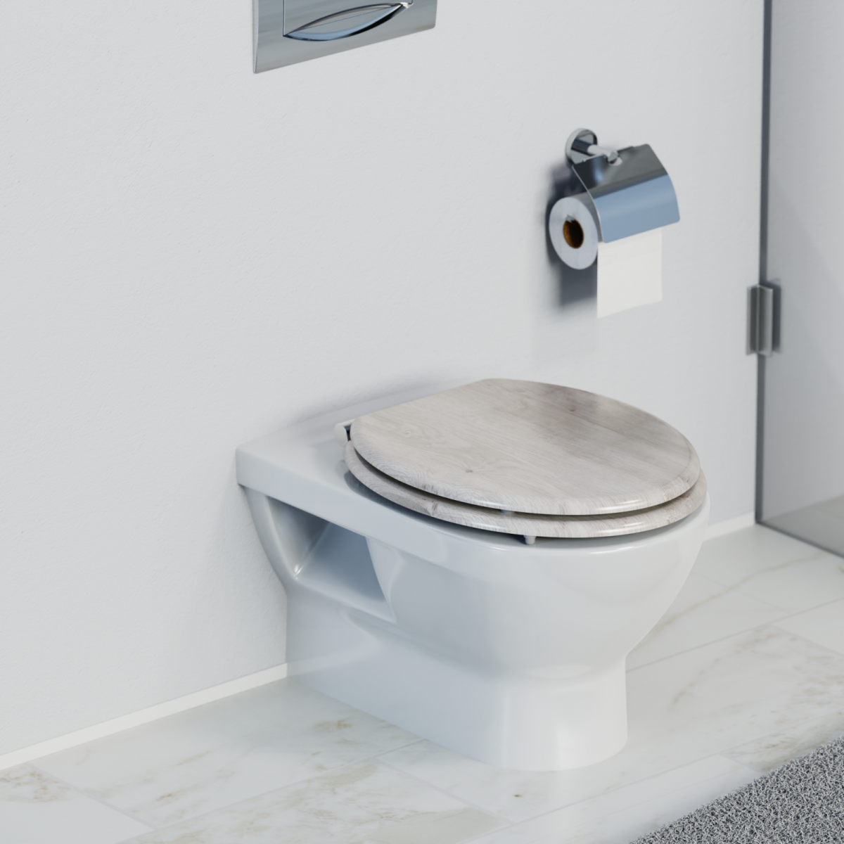 Weiße Wandtoilette mit geschlossenem Holzsitz und silbernem Toilettenpapierhalter.