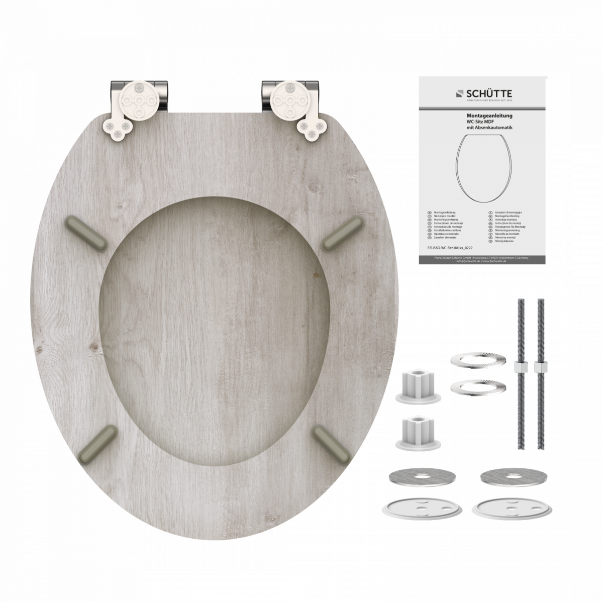 Holzfarbener WC-Sitz mit Metallscharnieren, Montageteilen und Anleitung.