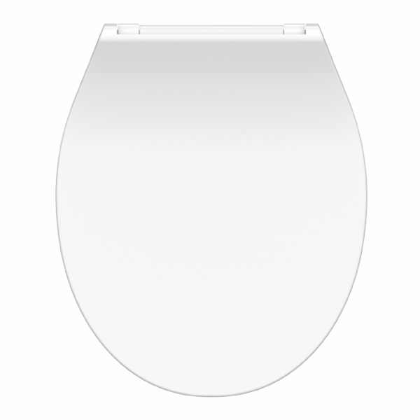 Weißer ovaler WC-Sitz mit glatter geschlossener Deckelansicht.