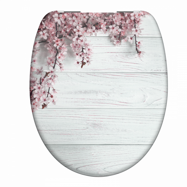 Toilettensitz mit weißer Holzoptik und rosa Blütenmuster am oberen Rand