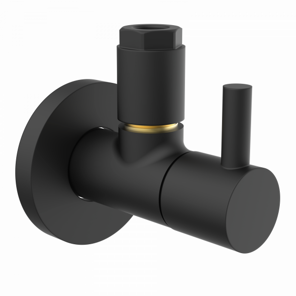 Schwarzes Eckventil mit rundem Wandanschluss und seitlichem Hebelgriff.