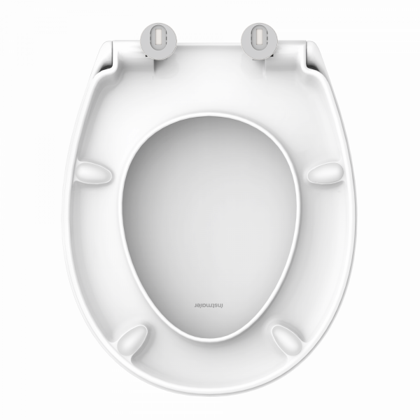 Weißer WC-Sitz aus Kunststoff mit ovaler Öffnung und Befestigungsscharnieren oben.