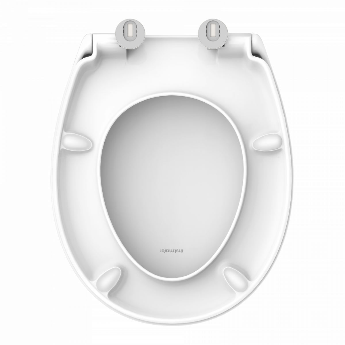 Weißer WC-Sitz aus Kunststoff mit ovaler Öffnung und Befestigungsscharnieren oben.