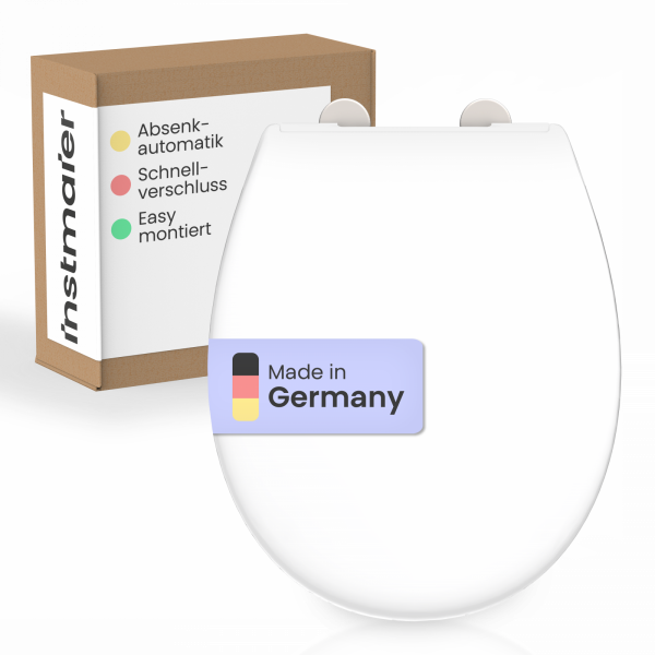 Weißer WC-Sitz mit Aufkleber „Made in Germany“ vor braun-weißer Produktverpackung.