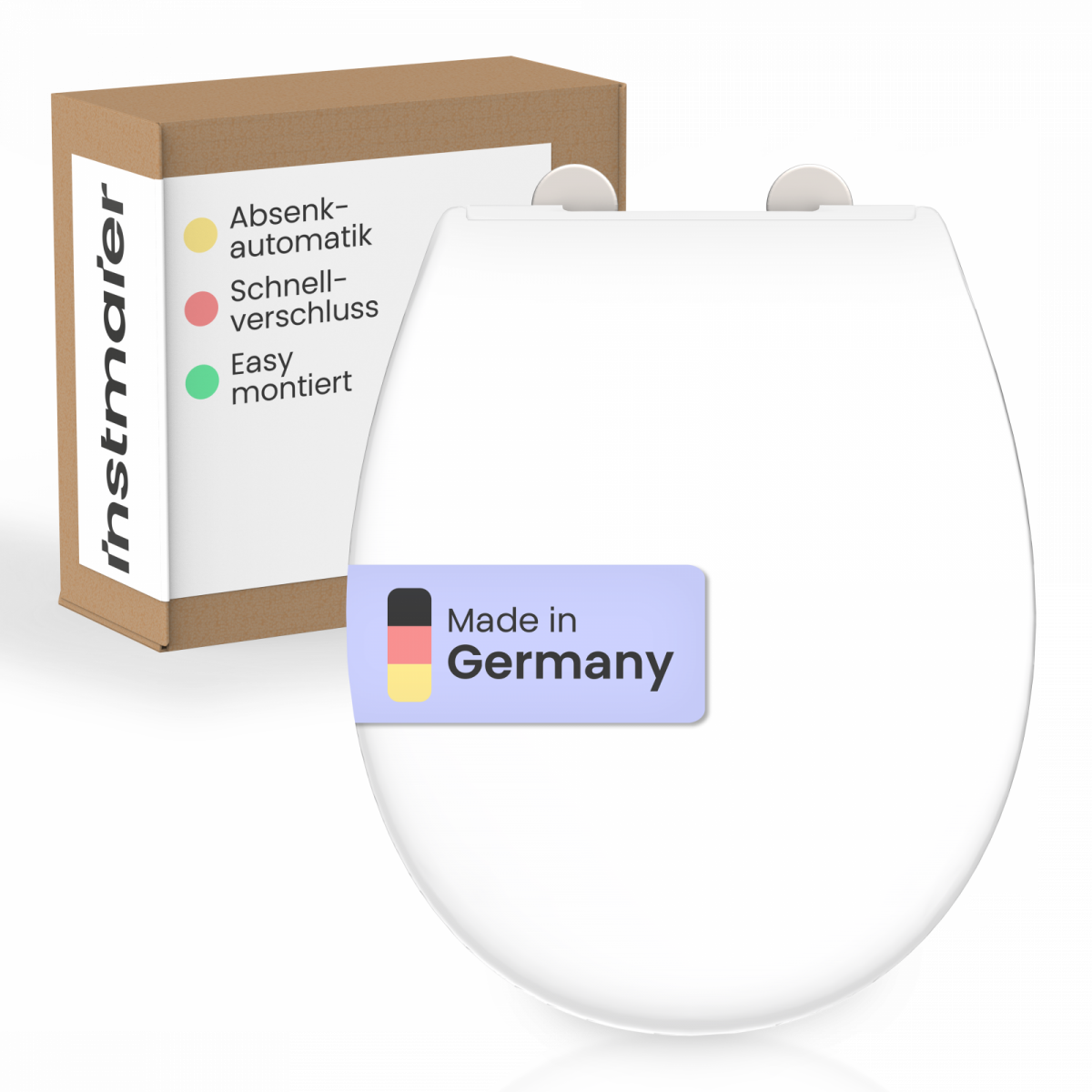 Weißer WC-Sitz mit Aufkleber „Made in Germany“ vor braun-weißer Produktverpackung.