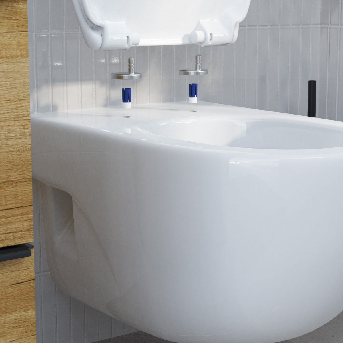 Nahaufnahme eines weißen WC-Sitzes welches an Wand-Bidet montiert wird