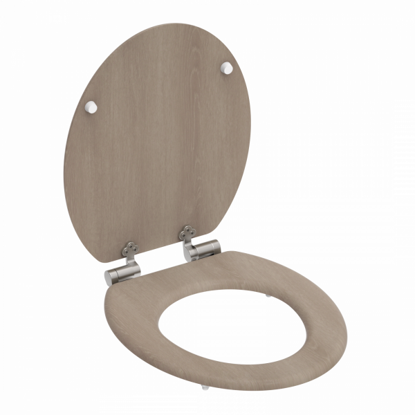 Beigefarbener Toilettensitz aus Holz mit Deckel und silbernen Metallscharnieren