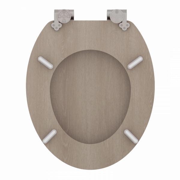 Ovaler WC-Sitz aus Holzdekor mit vier weißen Puffern und silbernen Metallscharnieren.