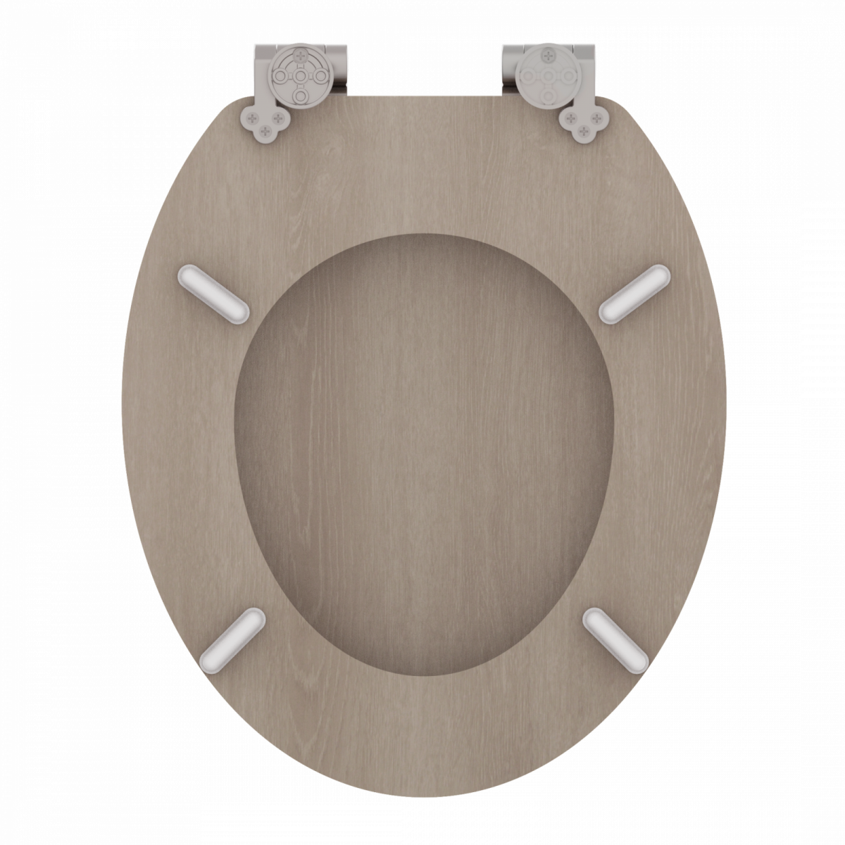 Ovaler WC-Sitz aus Holzdekor mit vier weißen Puffern und silbernen Metallscharnieren.
