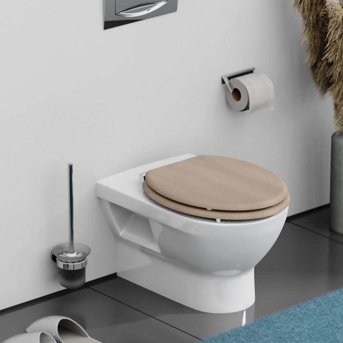 Wandhängendes weißes WC mit geschlossenem Toilettensitz in Holzoptik, seitlich WC-Bürste und Toilettenpapierrolle.
