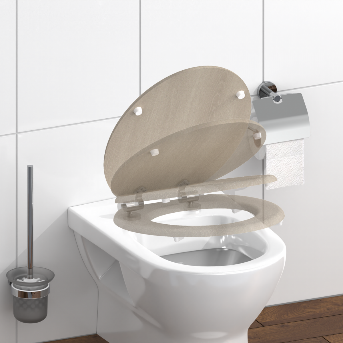 Wandhängende weiße Toilette mit geöffnetem WC-Sitz und Deckel in Holzoptik.