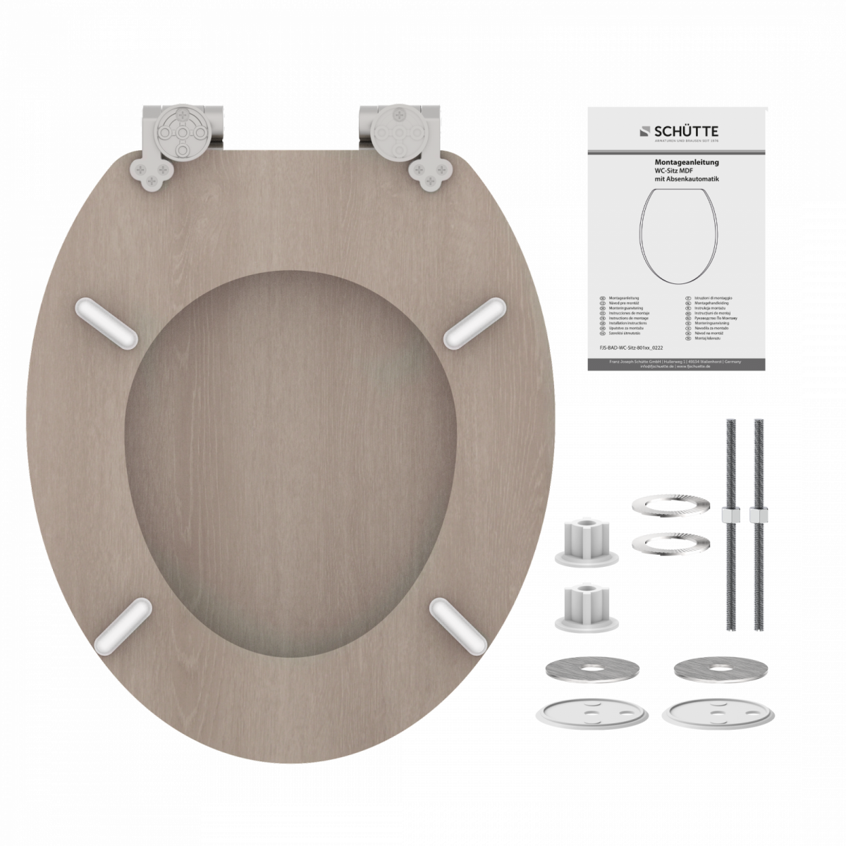 Holzfarbener WC-Sitz mit Befestigungsteilen und Montageanleitung.