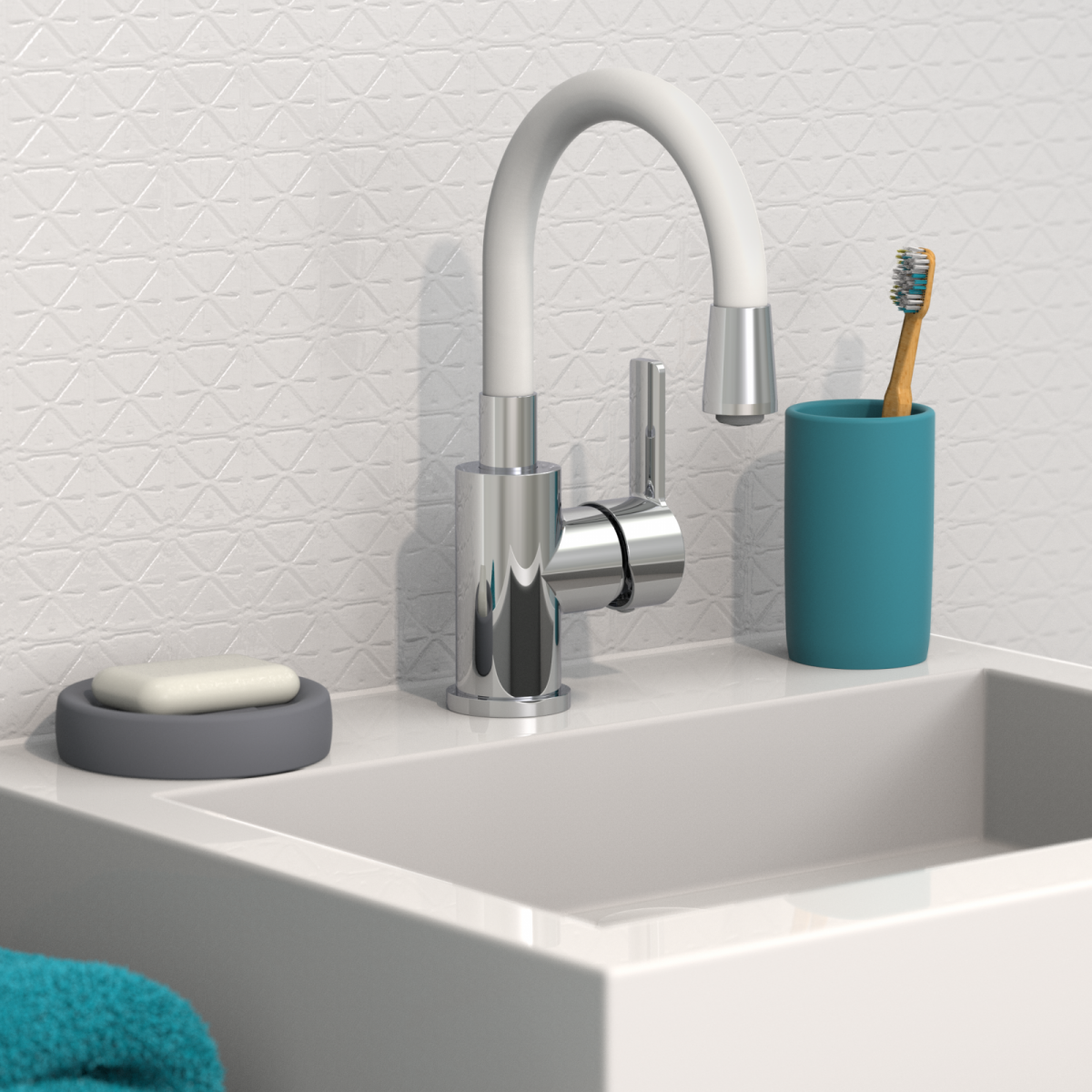 Waschbecken mit verchromtem Wasserhahn, Seifenschale und Zahnputzbecher mit Zahnbürste.