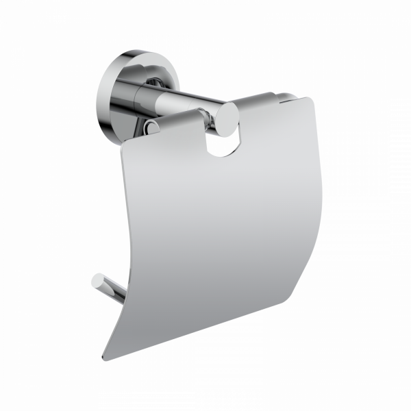Wandmontierter Toilettenpapierhalter aus Metall mit schwenkbarer Abdeckung.