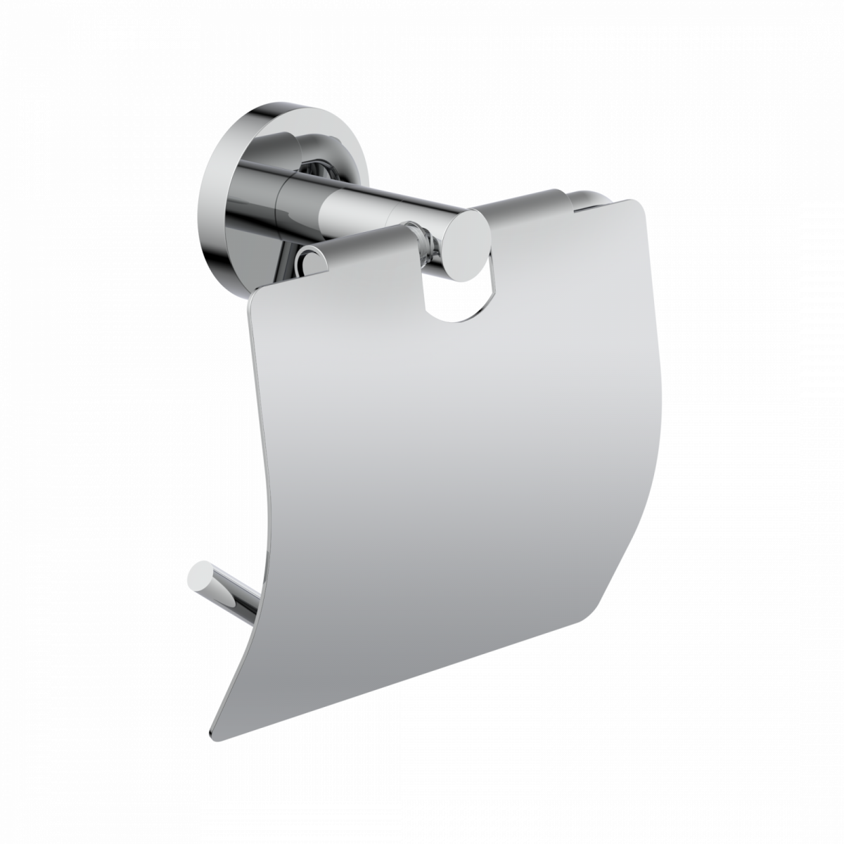 Wandmontierter Toilettenpapierhalter aus Metall mit schwenkbarer Abdeckung.