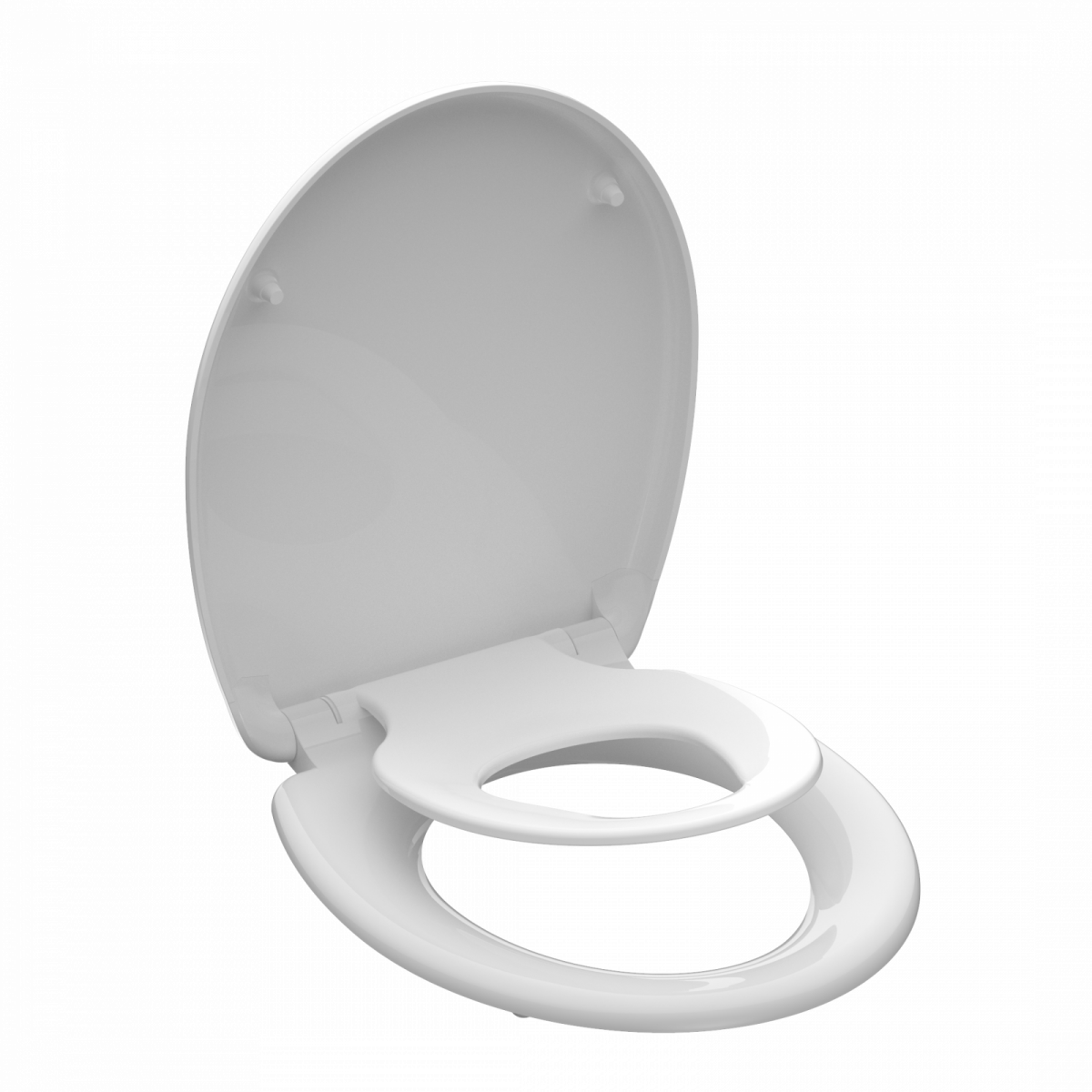 Weißer WC-Sitz mit integriertem kindersitz und geöffnetem Deckel auf weißem Hintergrund.