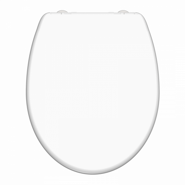 Weißer Toilettensitz mit geschlossenem Deckel in ovaler Form.