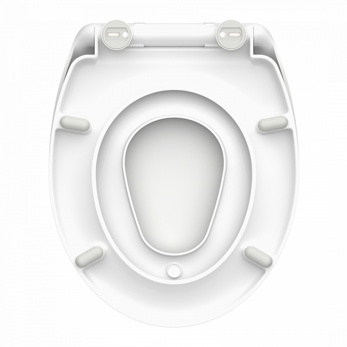 Weiße Toilettensitzbrille mit Befestigungsscharnieren und rutschfesten Auflagen.
