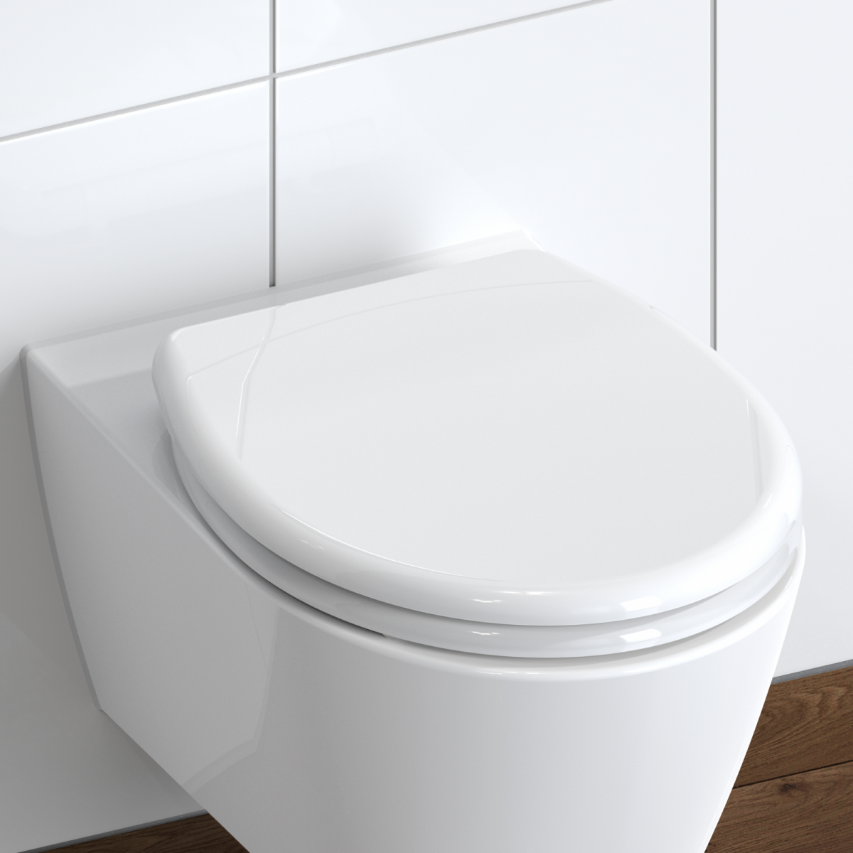 Wandhängende weiße Toilette mit geschlossenem WC-Sitz vor gefliester Wand.