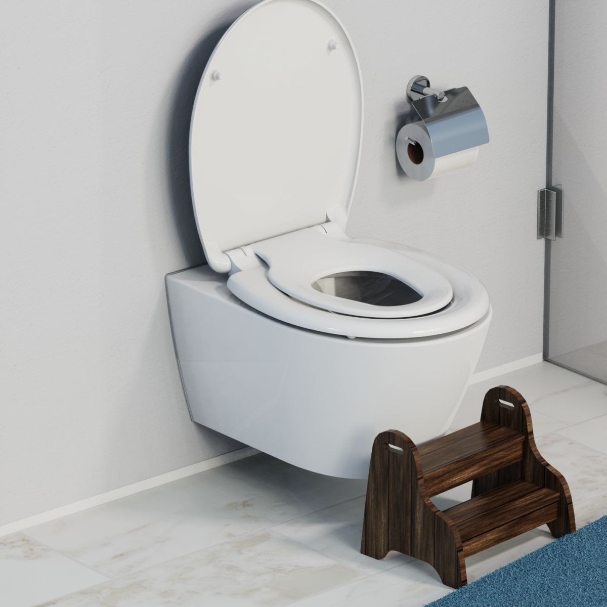 Wandhängende Toilette mit offenem Deckel und brauner Kindertreppe auf Fliesenboden.