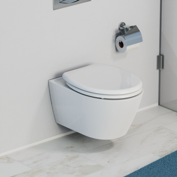 Wandhängende weiße Toilette mit geschlossener Sitzbrille und Toilettenpapierhalter daneben.