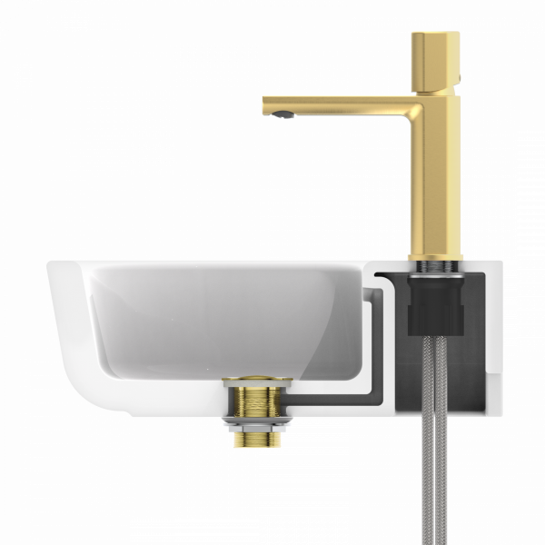Querschnitt eines Waschbeckens mit goldfarbener Armatur und sichtbarer Ablauftechnik.