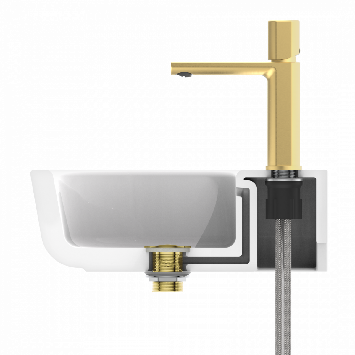 Querschnitt eines Waschbeckens mit goldfarbener Armatur und sichtbarer Ablauftechnik.