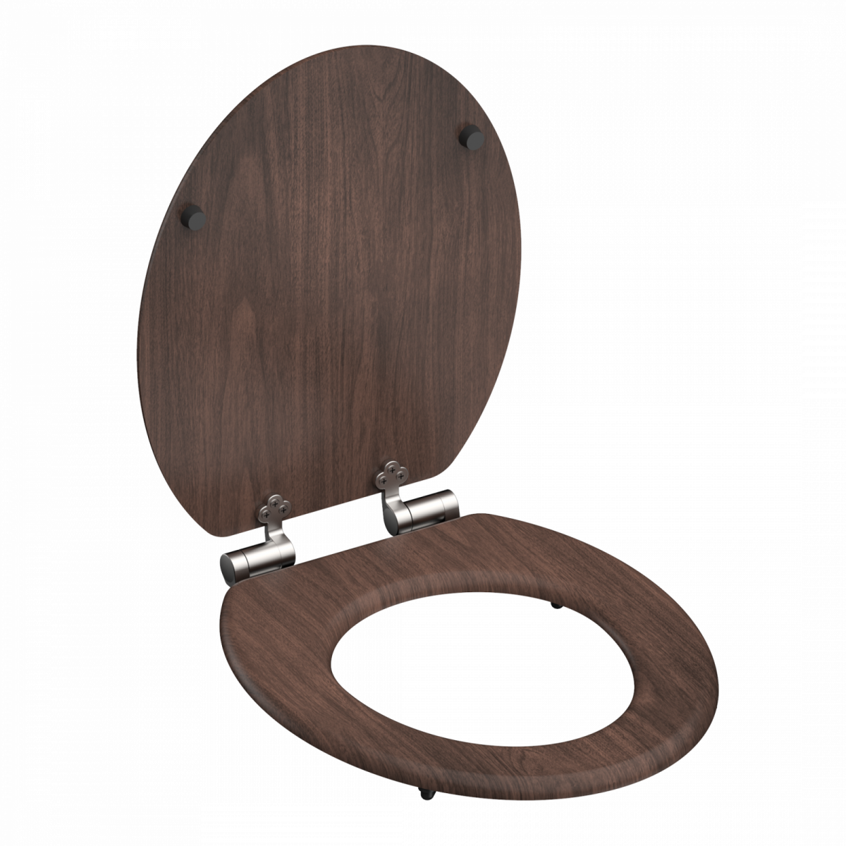 Brauner WC-Sitz aus Holz mit Metall-Scharnieren, Deckel geöffnet.