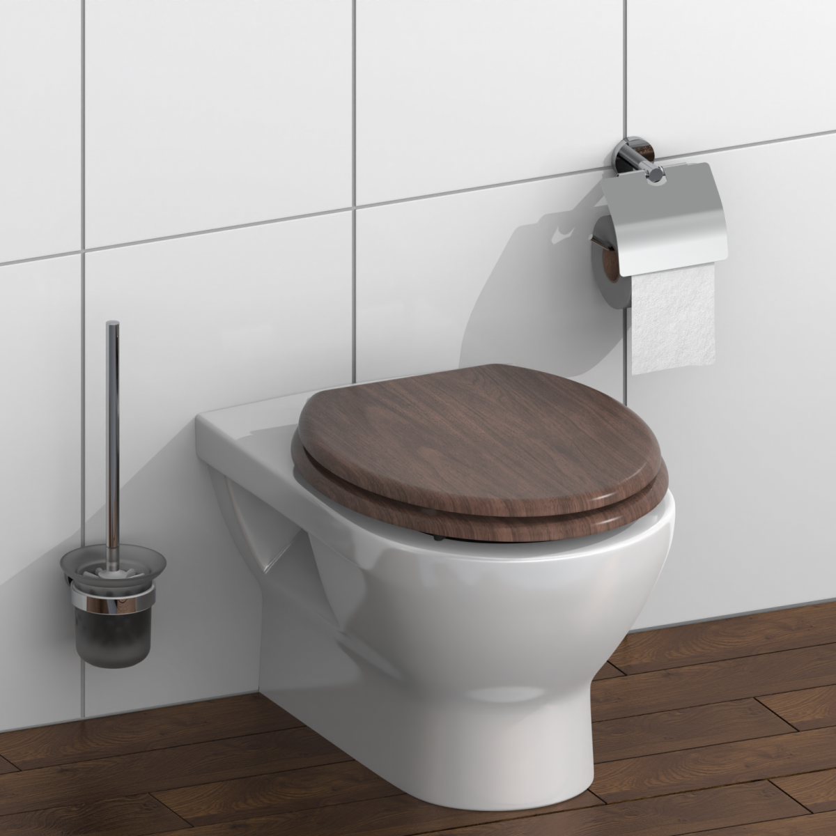 Wandhängende weiße Toilette mit geschlossenem dunklem Holzsitz, Toilettenbürste und Papierhalter.